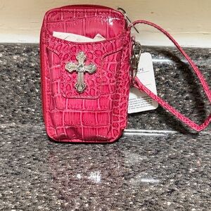 Candie's Pink Croc-Embossed Wristlet with Silver Cross
